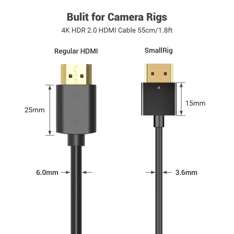 Ultra Thin HDMI Cable 55cm/1.8Ft, SmallRig 4K Hyper Super Flexible Slim HDMI Cord, High Speed Supports 3D, 4K@60Hz, Ethernet, ARC Type-A Male to Male for Camera, Camcorder, Monitor, Gimbal - 2957