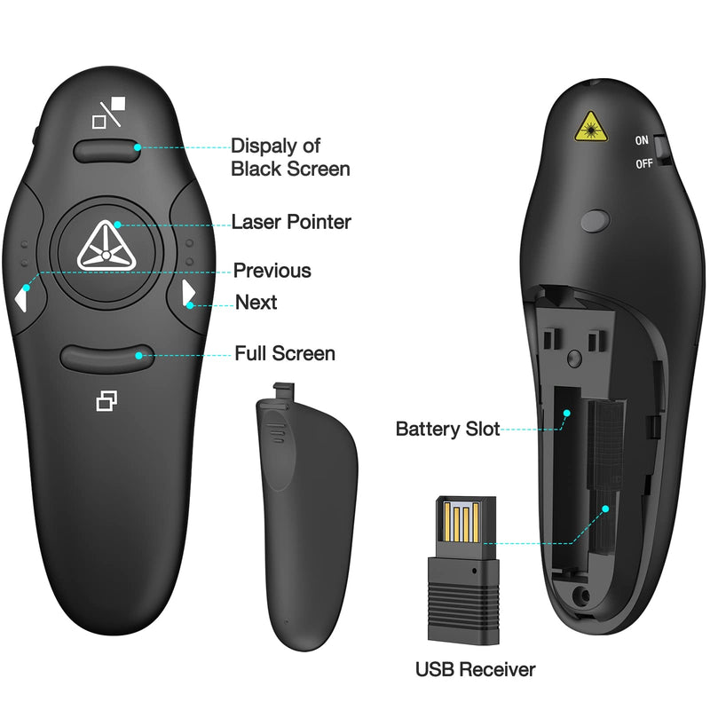 Presentation Clicker Wireless Presenter Remote USB Control Powerpoint PPT Clicker, Laser Pointer RF 2.4GHz Presenter Remote Google Slide Advancer Powerpoint Clicker for Computer/Laptop/Mac/Keynote Red Light