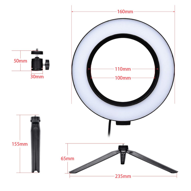FOSOTO 6inch Dimmable LED Selfie Ring Light Mini USB Desktop Camera Light with Tripod Stand for YouTube Live Streaming Makeup Photography Compatible for iPhone Samsung Android