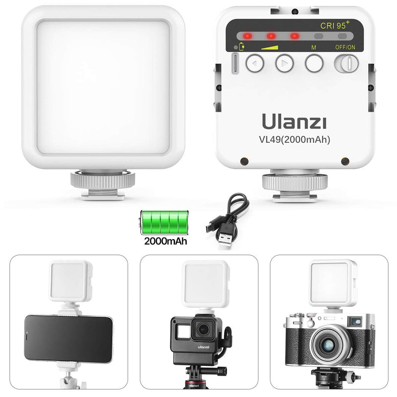 ULANZI VL49 2000mAh LED Video Light w 3 Cold Shoe, Rechargeable Soft Light Panel for DJI OSMO Mobile 3 Pocket Zhiyun Smooth 4 Sony RX100 VII Canon G7X Mark III A6400 6600 Camera GoPro 10 9 8 Vlogging White