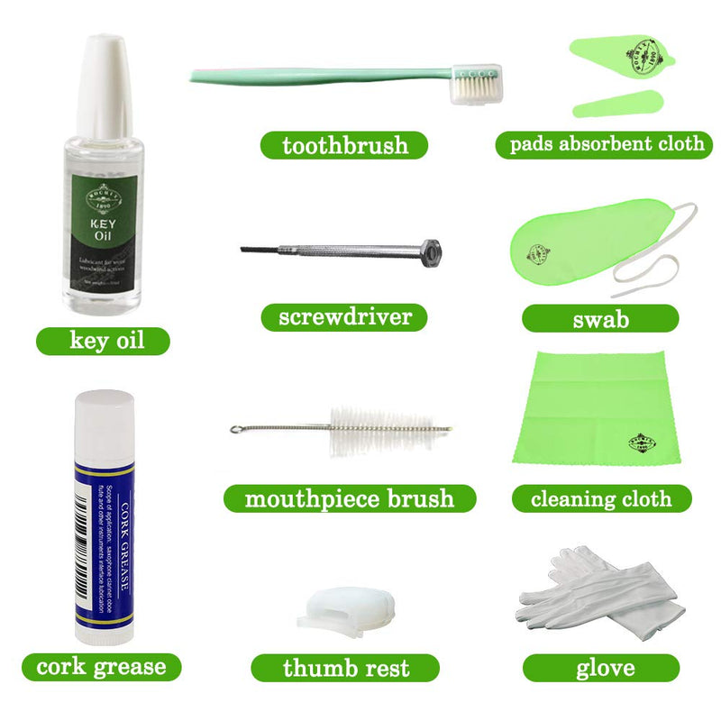 Rochix Clarinet Cleaner Care Cleaning Kit,Maintenance Kit,Green,Key Oil,Cork Grease,Swab,Cleaning Cloth,Thumb Rest,Mouthpiece Brush and More(Random color cloths)