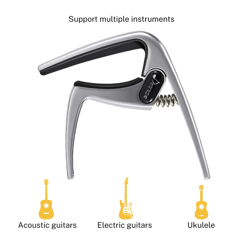Donner Guitar Capo DC-3 for Acoustic and Electric Guitar Ukulele Banjo Mandolin Silver With Picks