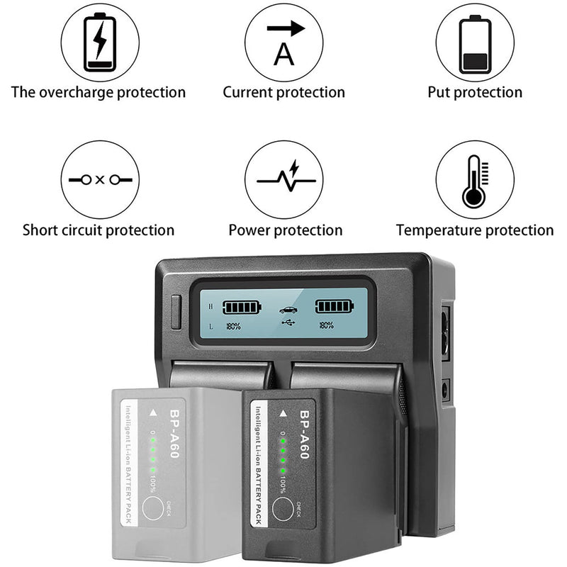 BM Premium 2 NP-F970 NP-F960 NP-F975 NP-F570 Batteries and Dual Bay LCD Battery Charger for Sony PXW-Z150, Z190, Z280, NEX-EA50M, FDR-AX14K, CN160 FW568 F100 F200 FW700 and Other LED Video Light