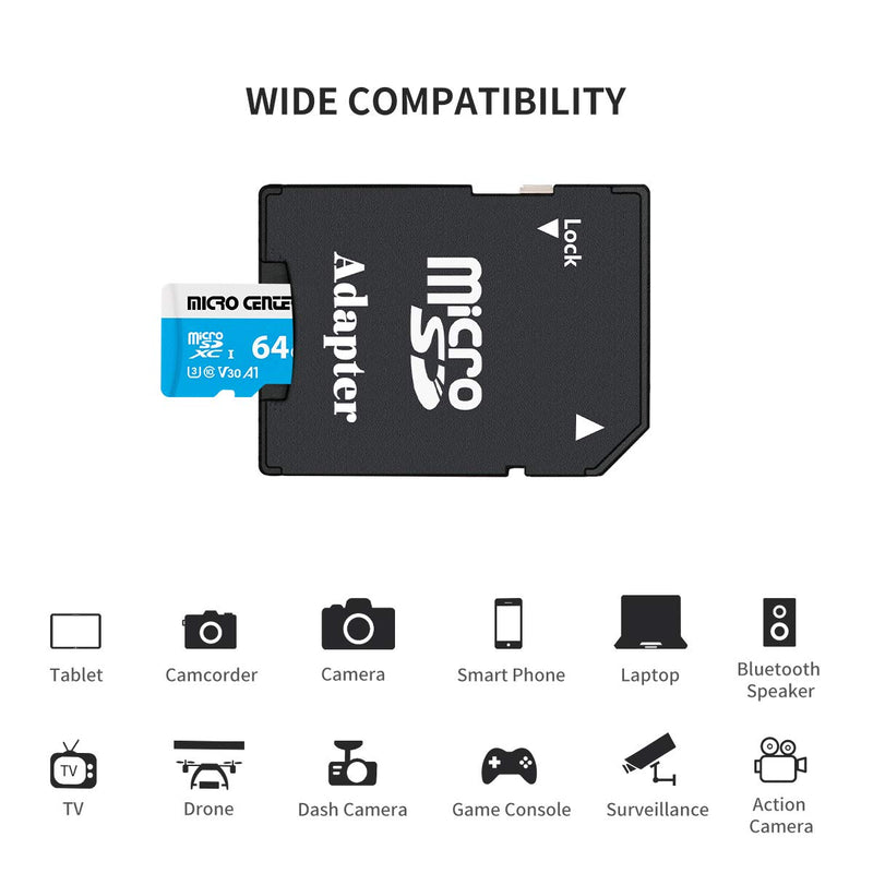 Micro Center Premium 64GB microSDXC Card, Nintendo-Switch Compatible Memory Card, UHS-I C10 U3 V30 4K UHD Video A1 Micro SD Card with Adapter (64GB)