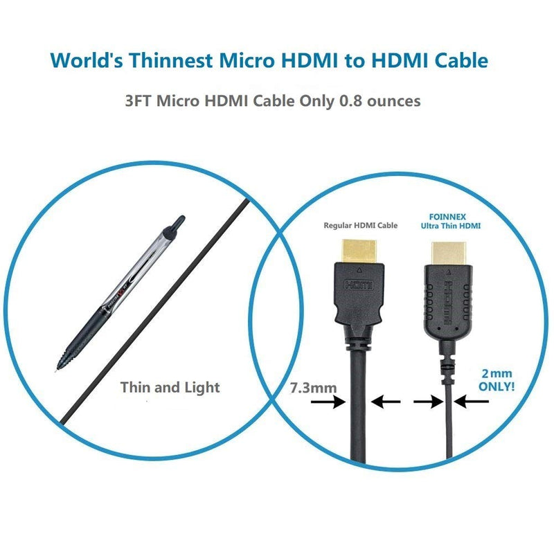 Ultra Thin Flexible Micro HDMI to HDMI Cable 3FT for Gimbal, GoPro Hero 7 Black,Canon Camera, Stabilizer, World's Thinnest Hyper Slim Micro HDMI Cord,Supports 4K@60Hz,3D,Ethernet,ARC Black Ultra Thin Micro HDMI Cable 3FT
