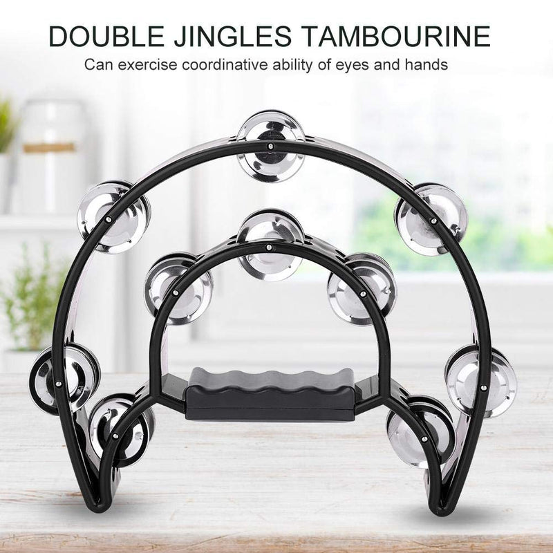 Hand Tambourine Double Row Jingle Handbell Tambourine Percussion Musical Instrument 6 Colors(Black)