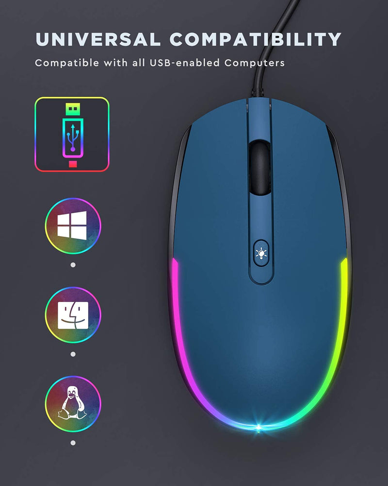 seenda Wired Mouse - USB Computer Mouse Wired with RGB Backlit Optical LED Mouse with Attached USB Cord for Laptops Notebooks Chromebook - Blue & Black