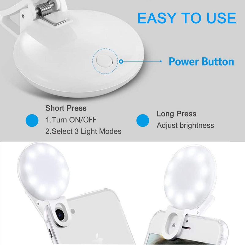 Mini Ring Light, Upgraded Sansent Small Clip On Ring Light, Portable LED Light for Phone, 3 Color Lighting Modes and Adjustable Brightness Selfie Light, Tool for Tiktok Stuff, Photos (White)