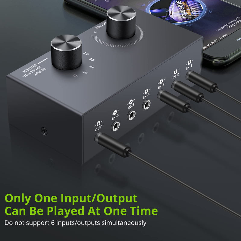LiNKFOR 6 Ports 3.5mm Audio Switch Bidirectional 3.5mm Audio Switcher Support 1 in 6 Out or 6 in 1 Out with Volume Control No External Power for PC Phone Headphone Stereo Speaker CD Player