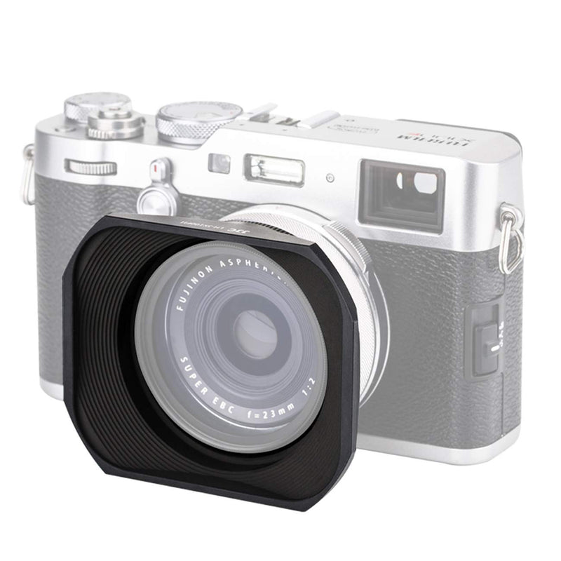 JJC LH-JX100FII BLACK Square Metal Lens Hood for Fujifilm X70 X100 X100S X100T X100F X100V, Fuji X100S, Fuji X100F, Fuji X100V Lense Hood Shade, W/ Front Cap, Fujifilm LH-X100 Lens Hood Replacement