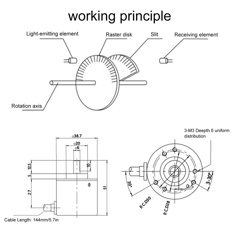 DC5-24V Incremental Optical Rotary Encoder Solid Shaft ABZ 3‑Phase Motion Controls Component 30KHZ 1000B/1024B (1000Z) 1000Z