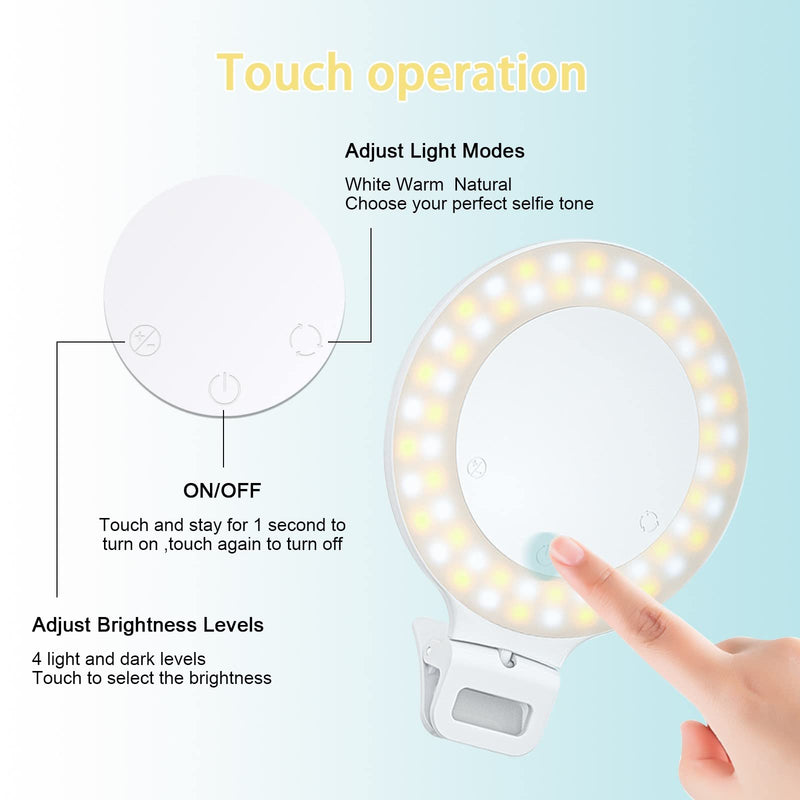 Selfie Ring Light, Clip on Ring Light Touch Control, Rechargeable 800mAh 60 LED Circle Light with 3 Light Modes for iPhone/Android Smart Phone Laptop Photography, Camera Video Recording, Vlog, TikTok 800mAh 60LED