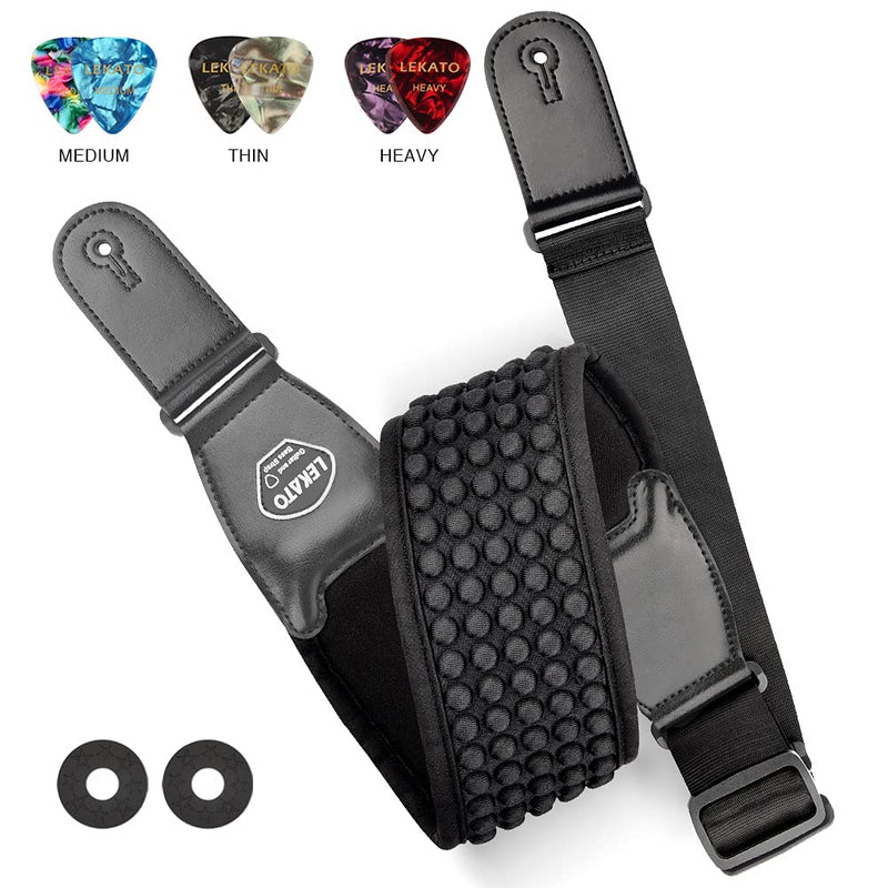LEKATO Bass Strap for Bass & Electric Guitar Bass Strap with 3.5" Wide 3D Sponge Filling & Neoprene Material Pad Adjustable Length from 45" to 55" with Pick Holder 2 Safety Strap Locks and 6 Picks.