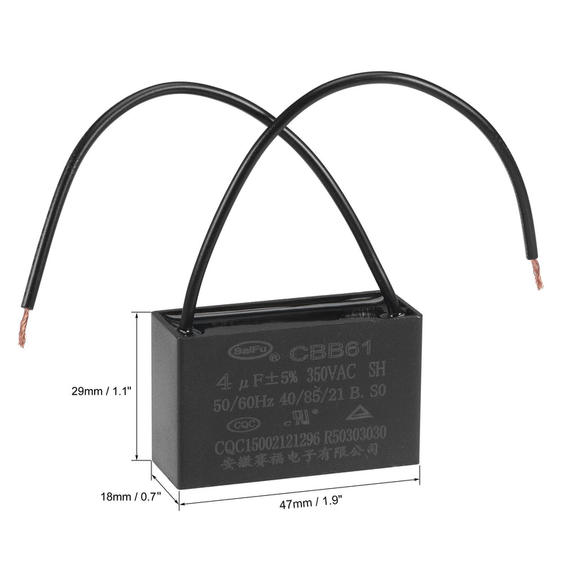 uxcell Ceiling Fan Capacitor CBB61 4uF 350V AC 2 Wires Metallized Polypropylene Film Capacitor 47x29x18mm for Electric Fan Pump Motor Generator 5Pcs