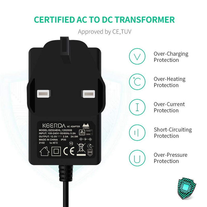 MAXDIGI DC Power Supply 12V 2A, AC 100-240V to DC 12V Power Cable Transformer Wall Charger Replacement UK Plug with 1.5m Cable,5.5mmx2.1mm Jack for Led Strips,CCTV Camera,Cisco Router,Yamaha Keyboard