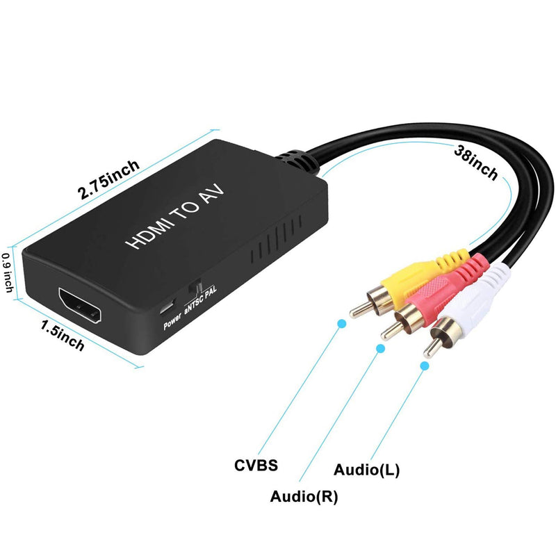 HDMI to RCA Converter, HDMI to AV 3RCA CVBs Composite Video Audio Converter Adapter Supports PAL/NTSC for TV Stick, Roku, Apple TV, PC, Laptop, Xbox, HDTV