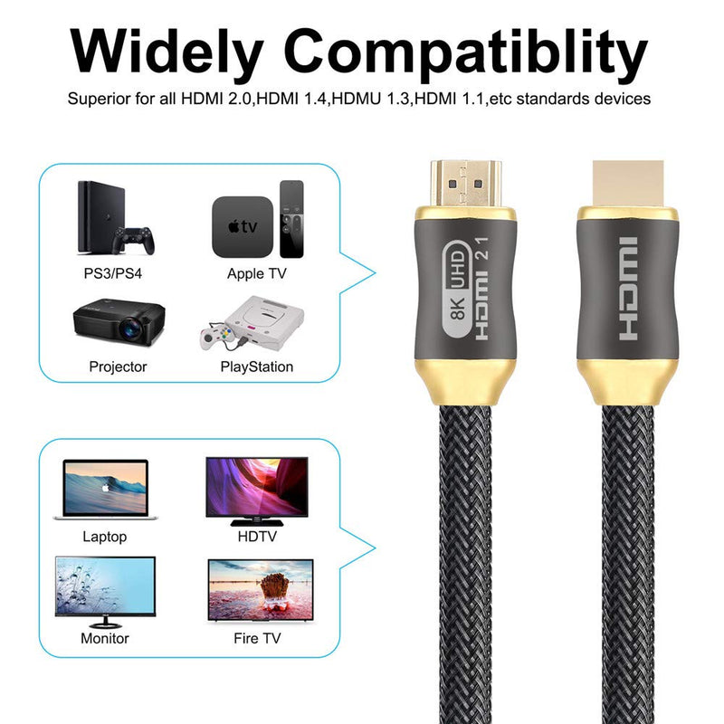 8K HDMI Cable 6.6ft/200cm 100% Real 8K Ultra High Speed HDMI 2.1 Cable 48Gbps 8K@60Hz 4K@144Hz 7680P Dol-by Vision HDCP 2.2 4:4:4 HDR eARC Compatible with UHD QLED TV PS 5 4 3 Xbox Series (6.6ft)