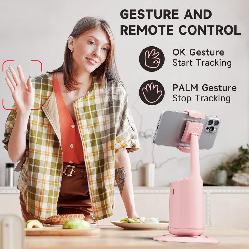 Auto Face Tracking Tripod - 360° Rotation Auto Tracking Phone Holder, No App, Phone Camera Mount with Remote and Gesture Control, Rechargeable Smart Shooting Holder for Video Recording, Tiktok Pink