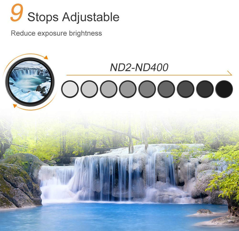 K&F Concept 37mm ND Filter Variable Fader NDX Neutral Density Adjustable ND2 to ND400 Lens Filter Kit + Cleaning Cloth for Cameras Lens