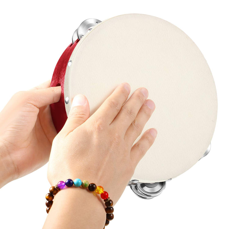 2 Pieces (6 Inch and 8 Inch) Wood Handheld Tambourine Double Row, Tambourines with Jingle Bells(Red) Red