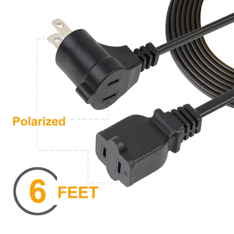 6FT/1.8M Angled Polarized USA Canada 2 Prong Piggyback Power Extension Cord/Cable, Polarized 2 Outlet Piggyback Extension Cord 18AWG-UL Listed