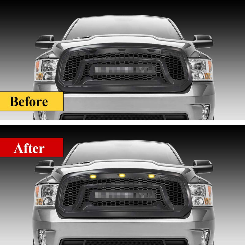 BA-BOLING grill light compatible with 2013-2018 Dodge Ram 1500 Front Grill yellow light yellow lens flat lens