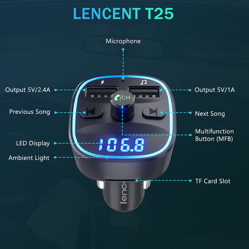(2021 Version) LENCENT FM Transmitter, Bluetooth FM Transmitter Wireless Radio Adapter Car Kit with Dual USB Charging Car Charger MP3 Player Support TF Card & USB Disk
