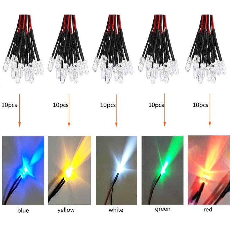 RUNCCI-YUN 50pcs Mixed Colour 5mm LEDs Pre Wired Light 12V 20cm Bulb (Mix 5 Color 50pc) for Toy Lighting to add a Festive Atmosphere