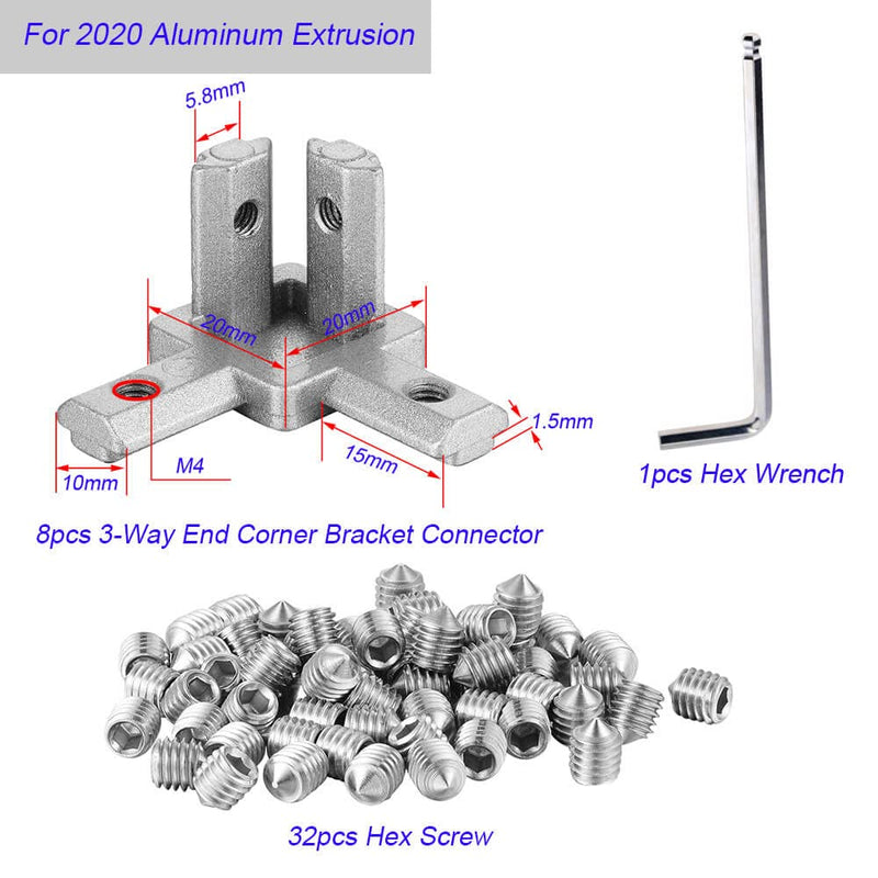 8 Pcs 2020 Series 3-Way End Corner Bracket Solid Connector with M4x 5mm Screws for 6mm Slot Aluminum Profile Accessories(Silver) 8 Sets Silver for 2020 Series 3-way end connectors