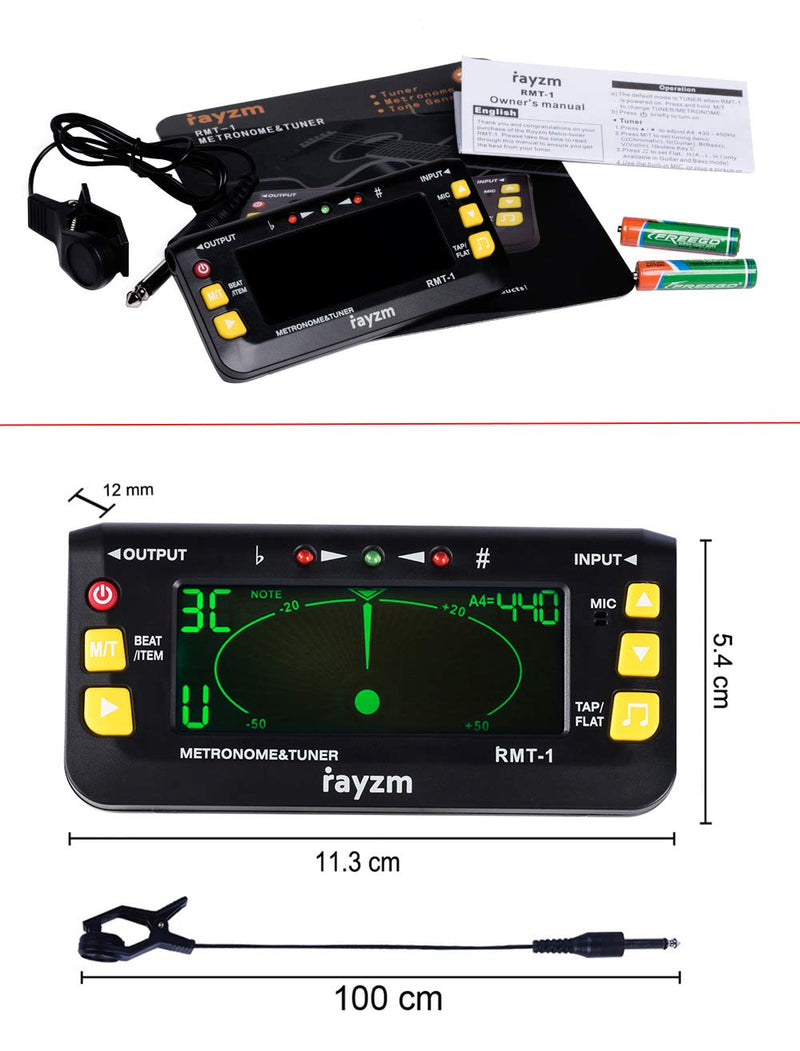 Rayzm Metronome Tuner (Metro-tuner) for Guitar/Bass/Ukulele/Violin|Chromatic Tuner, Mic/Clip-on Tuning/Line-in Tuning Optional, Flat tuning for Guitar/Bass, Tap Tempo Metronome