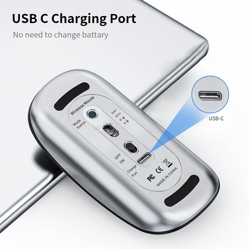 TENMOS M18 Bluetooth Mouse, USB C Rechargeable Wireless Mouse, Triple Mode (Dual Bluetooth+USB) Computer Silent Mice Portable with USB Receiver Type C Adapter for Laptop/MacBook/iPad/PC - Matte Black