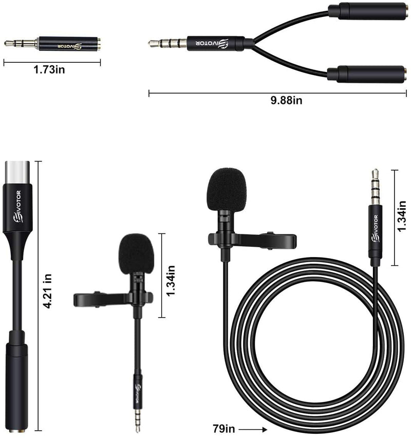 Professional Dual Lapel Microphone, EIVOTOR 3.5mm Lavalier Microphone for Interview, Clip on Microphone Omnidirectional Condenser Mic for Phone, PC, Laptop, Tablet, DSLR Camera Devices, etc (Black)