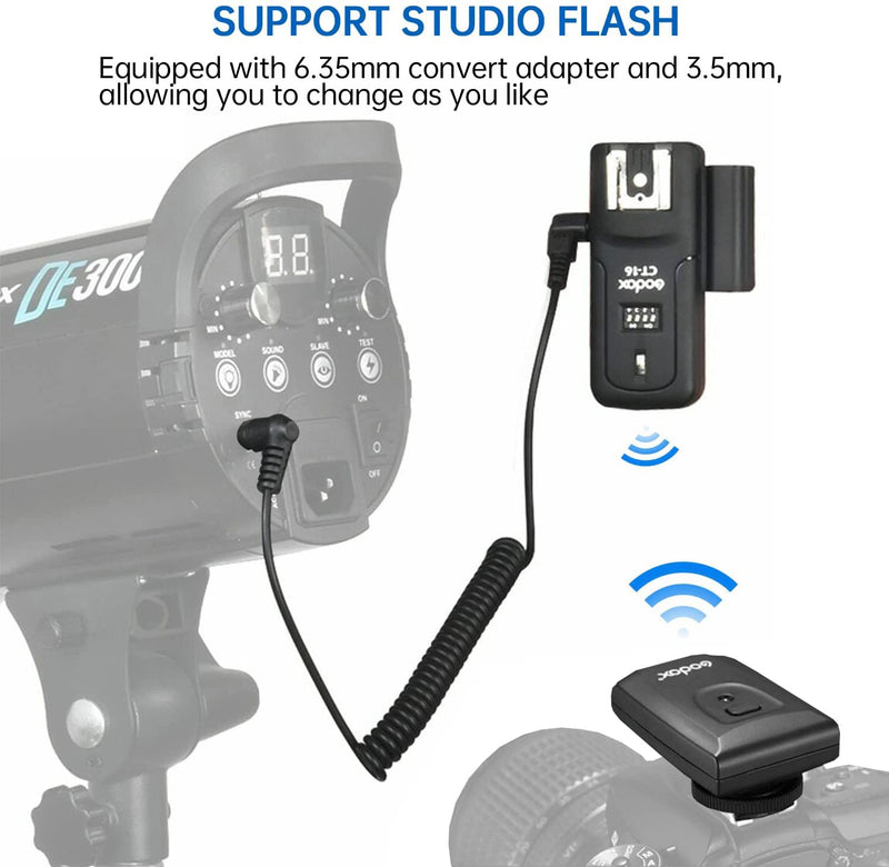 Godox CT-16 Wireless Radio Flash Trigger Receiver Kit Fit Compatible for Canon Nikon Pentax DSLR Camera Studio Flash Transmitter and Receiver