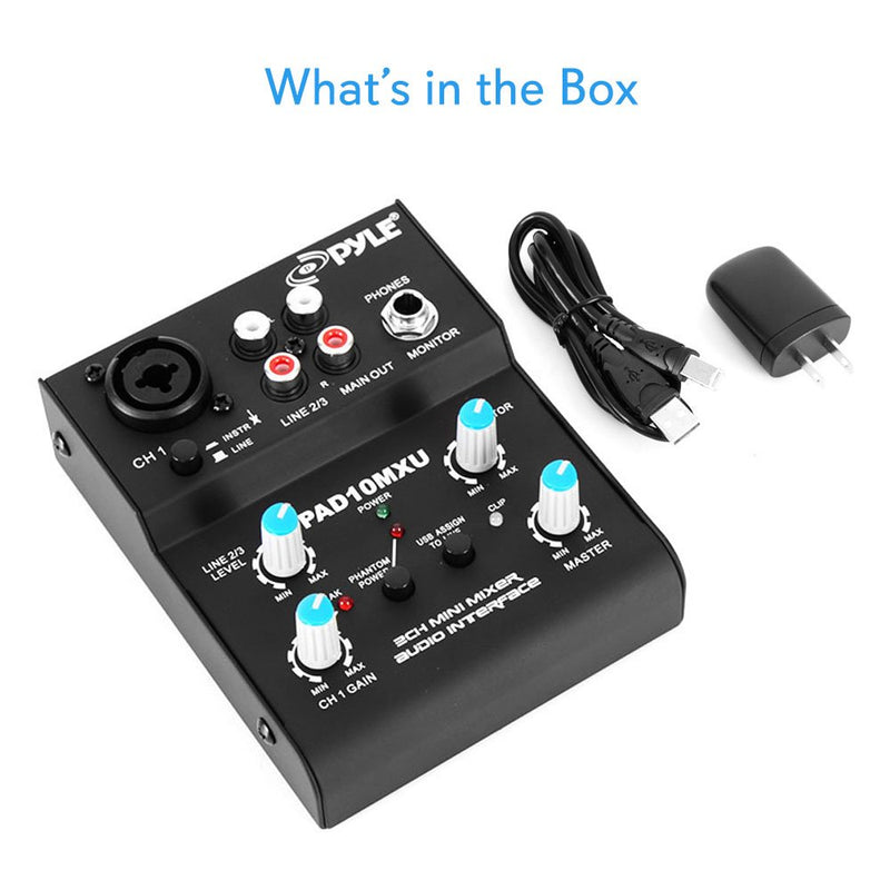 Pyle 2-Channel Audio Mixer - DJ Sound Controller Interface with USB Soundcard for PC Recording, XLR and 3.5mm Microphone Jack, 18V Power, RCA Input and Output for Professional and Beginners - PAD10MXU 2 Channel