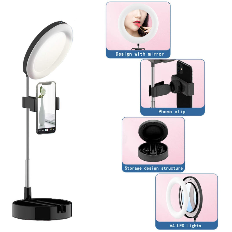 LED Ring Light Foldable Fill Light with Mirror Mobile Phone Holder with 3 Lighting Modes Scalable for YouTube Video/Live Streaming/Make-up/Photography USB Charging(Black) Black