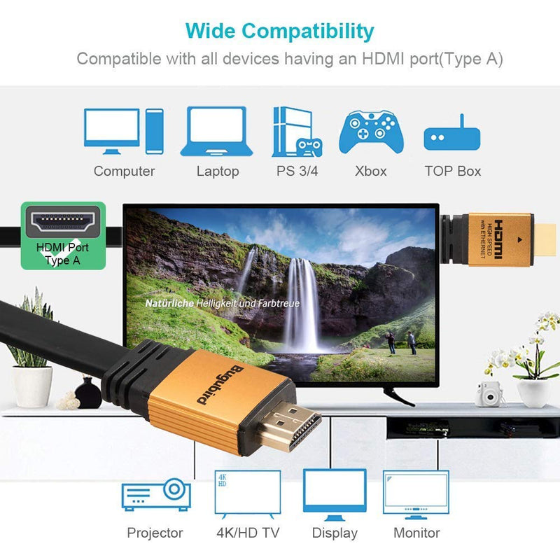 4K Flat HDMI Cable 8ft - Bugubird High Speed 18Gbps HDMI 2.0 Cable with Ethernet Support 4K @60Hz Ultra HD 2160P 1080P 3D HDR and Audio Return(ARC) - 3 Colors and Multiple Lengths are Available golden+black