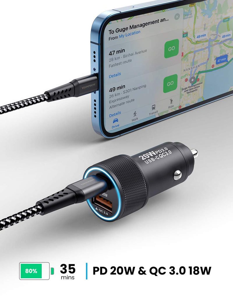 YEONPHOM 20W USB C Fast Car Charger Compatible for iPhone 12 Pro Max/Mini/11 Pro Max/XR/XS Max/X/8/SE,Dual Port PD&QC3.0 Rapid Charging Type C Car Adapter with MFi Certified USB C to Lightning Cable