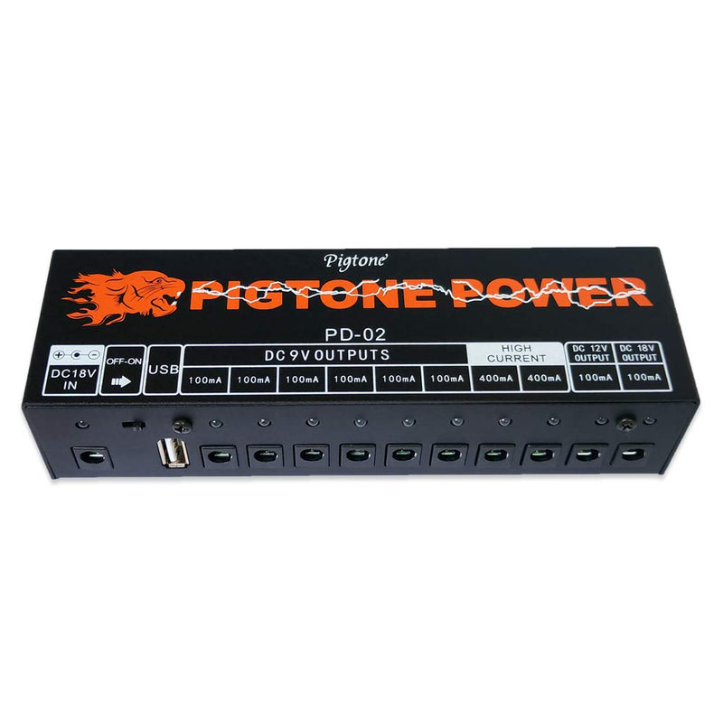 Pigtone Guitar Effect Pedal Power Supply 10 Independent DC Outputs Suitable for 9V/12V/18V 100mA 400mA Short Circuit and Overcurrent Protection PD-02 with USB (5V2A)