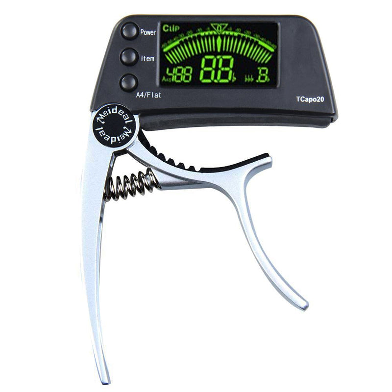 Flonzo Professional Tuner and Capo Combination for Acoustic and Electric and Bass Guitars, Ukelele - Silver