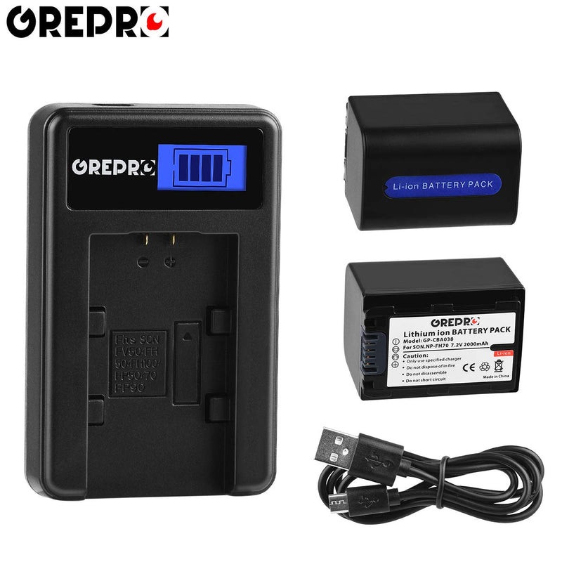 Grepro NP-FH70 Battery (2 Packs) and LCD USB Charger Kit Compatible with Sony NP-FH70 H Series, NP-FH30, NP-FH40, NP-FH50, FH60, FH70, NP-FH90, NPFH100 Batteries; Sony Handy Cam DCR-DVD850 SX40 SX41