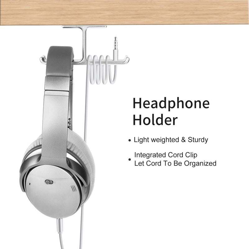 Magik Aluminum Headphone Hanger Hook Tape Under Desk Dual Headset Mount Holder (Silver) Silver