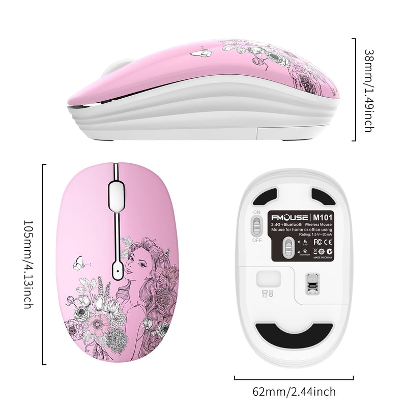 FMOUSE Cute Wireless Mouse, Mini Silent Dual Mode Bluetooth Mice for Laptop, iPad, Comupter, Tablet with USB Receiver(Flower Girl) Flower Girl