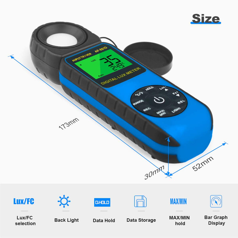 Light Meter AP-881D Digital Illuminance Meter Ambient Temperature Measurer with Range up to 400,000 Lux Luxmeter,Rotatable Head for 270 Degrees,Display 3999,Data Hold,Back Light (Blue) AP881D-Blue