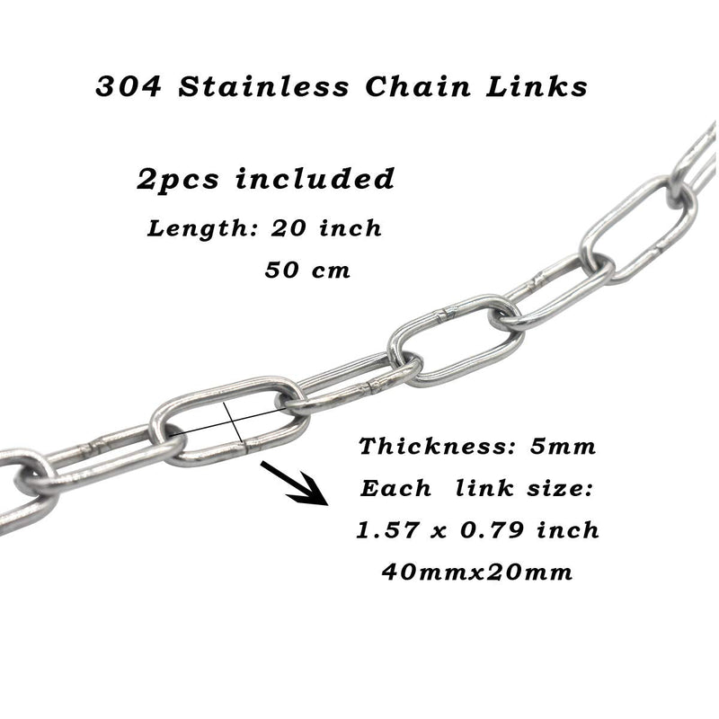 Bytiyar 2 pcs Stainless Steel Safety Chains 20in (L) x 0.20in (T) Long Link Chain Rings Light Duty Coil Chain for Hanging Pulling Towing Length*Thickness_50cm * 5mm_2 pcs