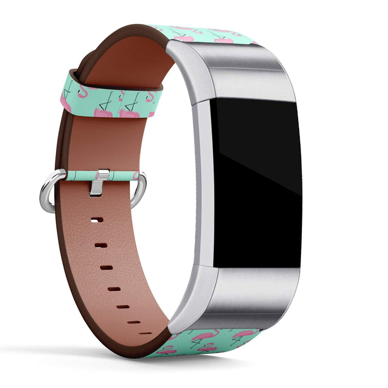 Compatible with Fitbit Charge 2 - Leather Watch Wrist Band Strap Bracelet with Stainless Steel Clasp and Adapters (Flamingo On Mint)