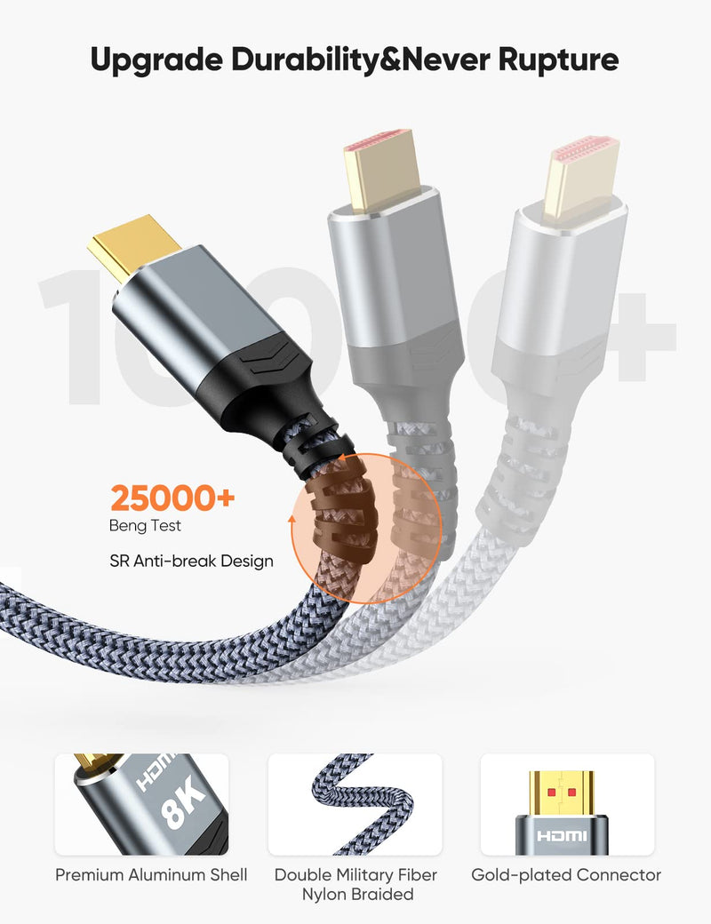 8K HDMI Cable 2.1 2-Pack 6.6FT, Highwings Slim 48Gbps High Speed HDMI Braided Cord-4K@120Hz 144Hz 8K@60Hz, HDCP 2.2&2.3, Dynamic HDR,eARC,DTS:X,RTX 3090,Dolby Compatible with Roku TV/HDTV/PS5/Blu-ray 6.6 feet