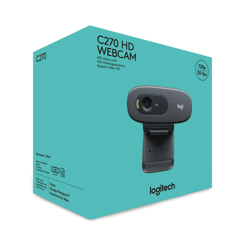 Logitech C270 HD Webcam, HD 720p/30fps, Widescreen HD Video Calling, HD Light Correction, Noise-Reducing Mic, For Skype, FaceTime, Hangouts, WebEx, PC/Mac/Laptop/Macbook/Tablet - Black C270 - 5 Ft Cable