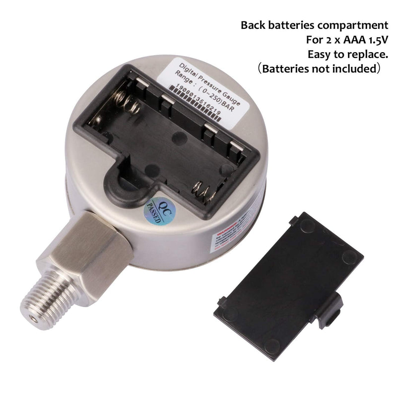 [AUSTRALIA] - MEASUREMAN 2-1/2" dial, Digital Industrial Vacuum Gauge with 1/4"NPT Lower Mount, Stainless Steel case and Connection, 15psi, 1%,Battery Powered, with LED Light 2-1/2" Dial, -15psi vacuum 1% 
