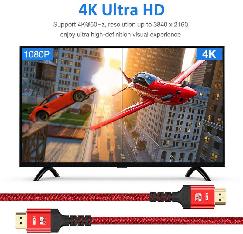 HDMI Cable 4K 10FT-2PACK, Highwings 18Gbps High Speed HDMI 2.0 Cable Braided HDMI Cord- 4K HDR Video 4K@60Hz 2160p 1080p HDCP 2.2 3D ARC Ethernet- Compatible with UHD TV, Blu-ray, Monitor-Red 10 feet