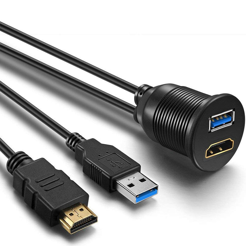 OBVIS USB3.0 HDMI Mount Cable – USB3.0 and HDMI Extension Flush Dash Panel Mount Cable for Car Boat Motorcycle (6 Feet) 6 Feet